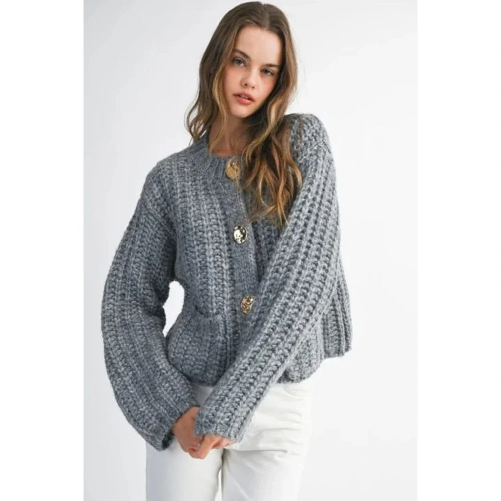 MABLE Amara Chunky Long Sleeve Knit Cardigan Sweater Jacket Grey Small New W/Tag
